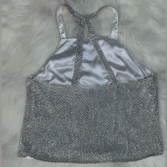 Revolve PARKER Justina Silk Silver Rhinestone Beaded Halter Tank Top Racerback - Picture 4 of 7